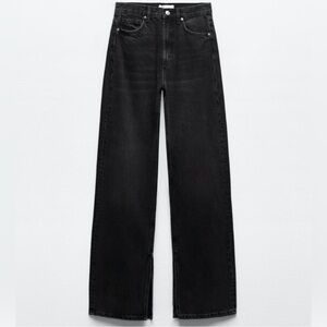 Zara Split Wide Leg TRF Black Jeans | Straight Loose, High Rise, Full Length